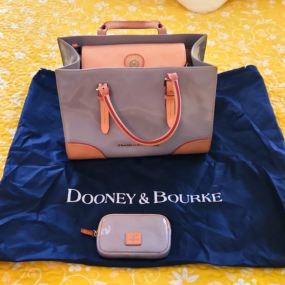 Dooney and Bourke taupe and tan handbag with coin purse and dustbag